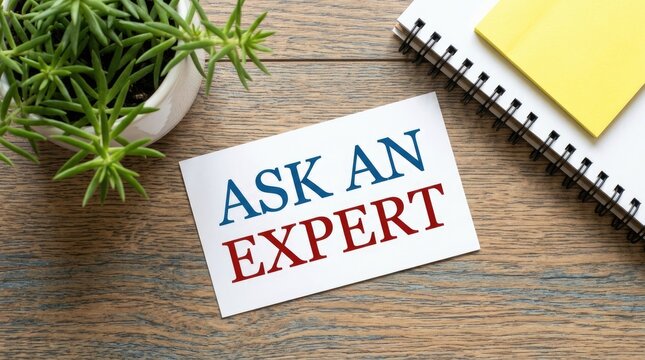 A white card prominently displays the imperative phrase "Ask An Expert" on a rustic wooden desk with a plant and notebook.