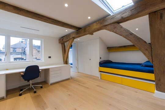 Cozy children's room with yellow and blue accents and wooden beams