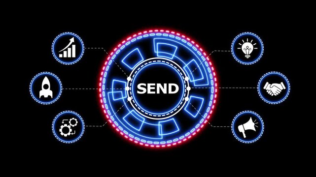Digital futuristic HUD interface with send button animation. Abstract technology HUD animation with central send button and surrounding icons. Business concept motion graphic.