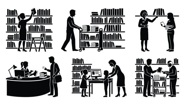 Library activities and personnel vector icons set silhouettes of people in a library librarians assisting, shelving books, checking out, reading, and using computers