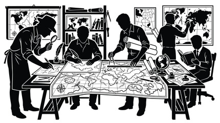 Vintage style illustration of cartographers and explorers working on world maps in a studio, using drafting tools, quills, and magnifying glasses to study geography and plan expeditions © Hikari Vector Studio