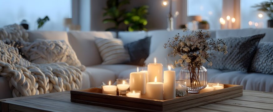 Cozy living room with candles and comfortable sofas