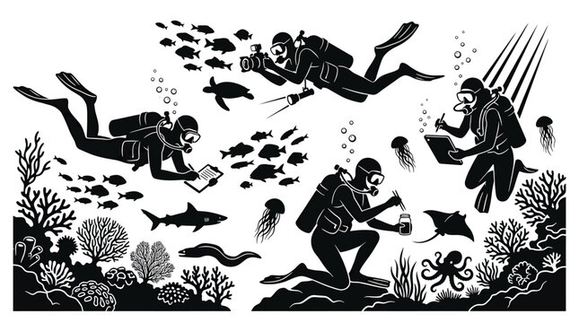 Scuba divers exploring underwater marine life and coral reefs, vector illustration