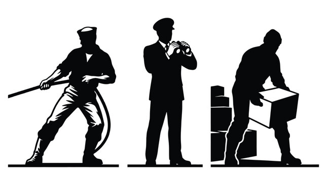 Set of silhouettes of port workers, sailor pulling a rope, captain looking through binoculars, and a dock worker carrying a box