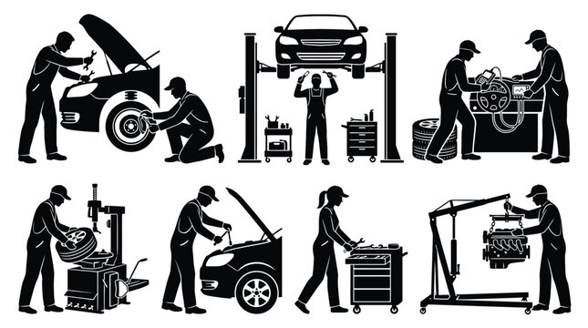 Set of car service and auto repair icons mechanics working with vehicles, engines, tires and diagnostic equipment professional car maintenance and repair shop vector illustrations