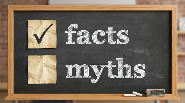 Chalkboard display showing the words facts and myths side by side with a checkmark on a paper indicating a verified fact.