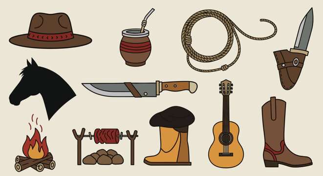 Rustic cowboy and gaucho essentials including hat, mate, rope, boots, and campfire setup for adventure concepts