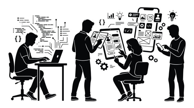 Team of software developers and designers working on web and mobile application development, coding, uiux design, and project management, vector illustration