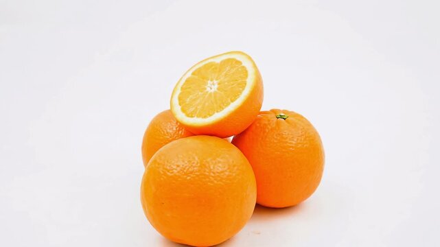 Pile of oranges with one halved on white background