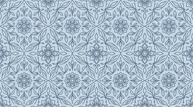 Intricate blue damask pattern with seamless ornamental background texture.