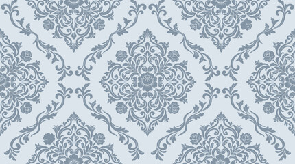 Intricate blue and white damask pattern decorative wallpaper motif with repeating ornamental motif. © Santy