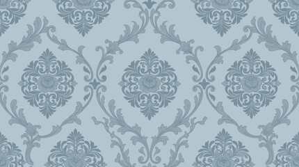 Soft blue damask wallpaper pattern with ornate repeating floral motifs and decorative arabesque details. © Santy