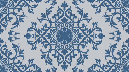 Intricate blue damask pattern with symmetrical floral motifs on a light background. © Away