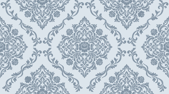 Intricate blue and white damask pattern decorative wallpaper motif with repeating ornamental motif.