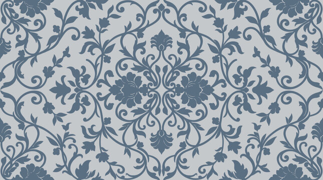 Intricate blue damask ornamental pattern on decorative wallpaper background.