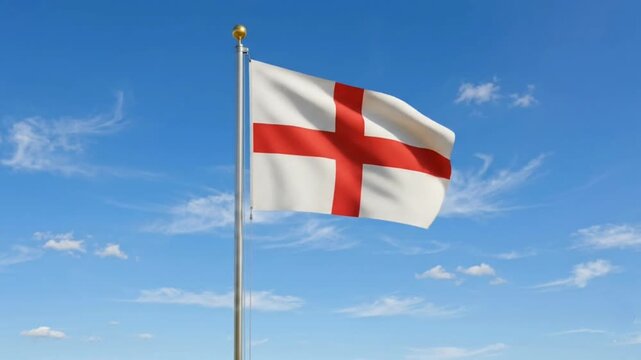 The England flag flies against a bright blue sky.