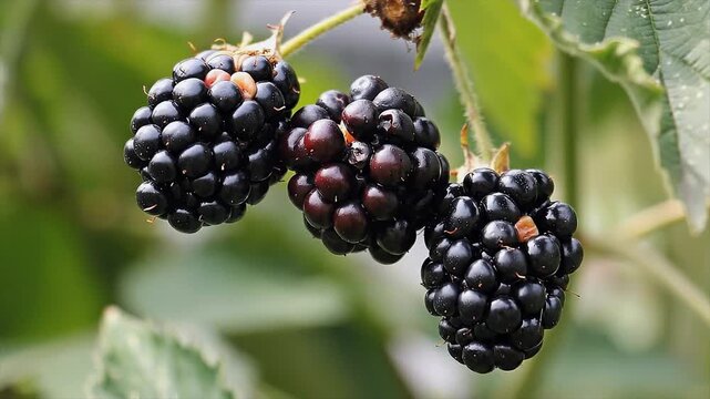 Close-up of ripe blackberries on a branch with soft green foliage background