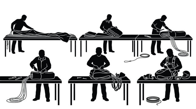 Set of silhouettes of a parachute rigger packing a parachute