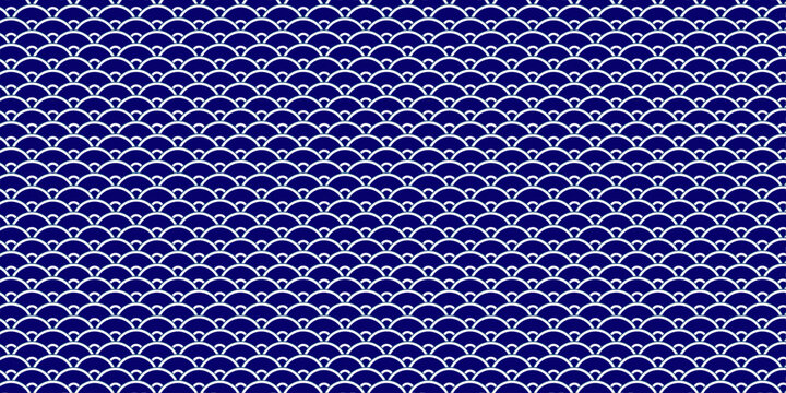 Abstract Japanese Seigaiha summer wave pattern with overlapping semicircles in white on dark blue background. Traditional geometric design for wallpaper, decoration, seamless background and vector 