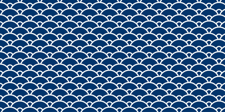 Japanese Seigaiha Wave Seamless Pattern. Traditional Blue Ocean Geometric Background. Elegant Asian Repeat Texture Design. Vector Illustration