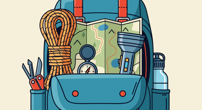 Backpack with outdoor adventure travel equipment.