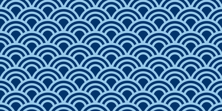   
Abstract Japanese Seigaiha summer wave pattern with overlapping semicircles in white on dark blue background. Traditional geometric design for wallpaper, decoration, seamless background and vector 