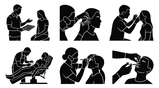 Set of icons representing various body piercing procedures performed by a professional piercer