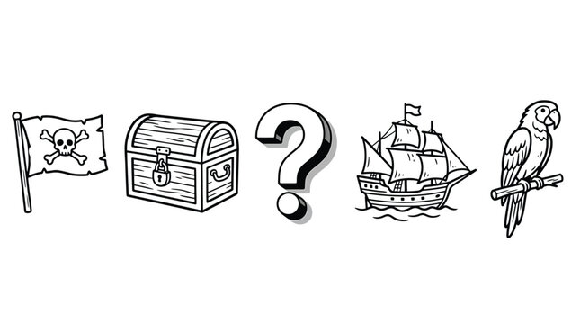 Set of pirate icons including skull flag, treasure chest, question mark, sailing ship and parrot on a branch