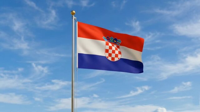 The Croatia flag flies against a bright blue sky.
