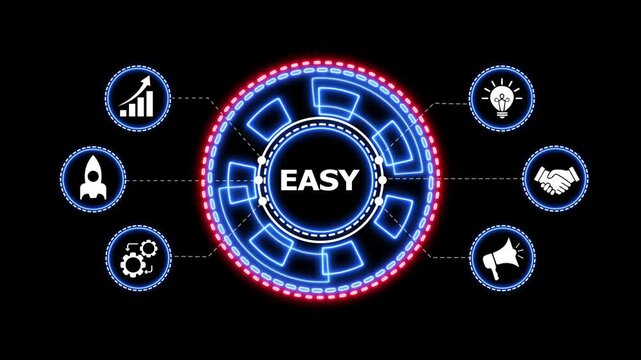 Easy business growth concept with digital interface. Animated digital interface showing easy business growth concept with motion graphic icons rocket graph lightbulb handshake.