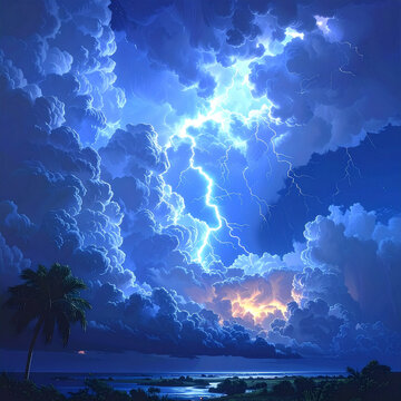 Lightning Storm Over the Sea at Night Under Dark Clouds