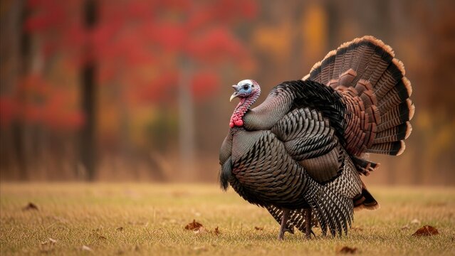 Animal - Wild Turkey Tom Strutting with Fanned Tail Feathers in Autumn Field with Colorful Fall Foliage