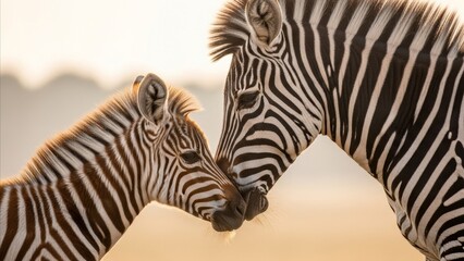 Fototapeta premium Animal - Zebra Mother and Foal Touching Noses in Warm Golden Light on African Savanna at Sunset
