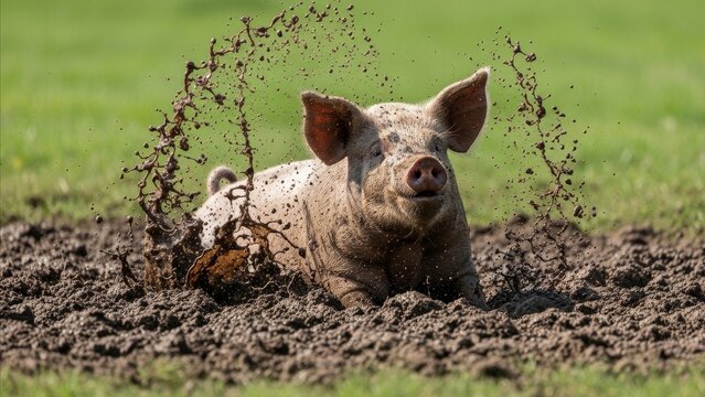 Animal - Young Pink Pig Joyfully Wallowing and Splashing Mud in Outdoor Farm Dirt Puddle on Green Grass