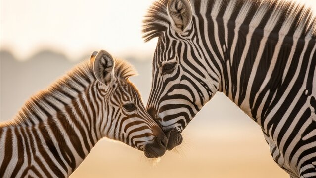Animal - Zebra Mother and Foal Touching Noses in Warm Golden Light on African Savanna at Sunset
