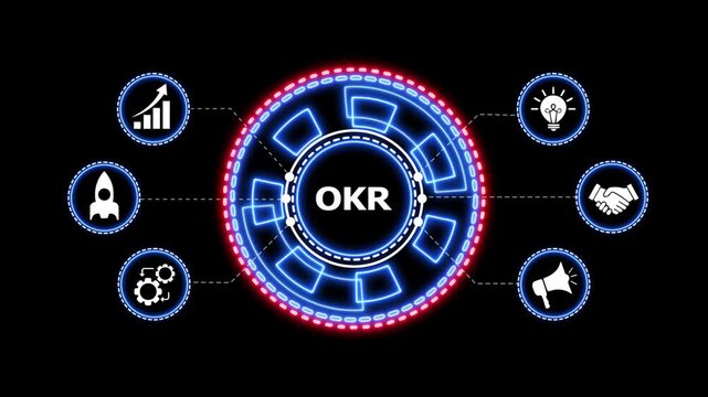 OKR, objectives and key results business strategy. OKR, objectives and key results with dynamic neon blue and red hud graphic display, business strategy, technology.