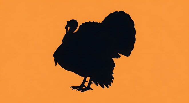 Black silhouette of a wild turkey against a vibrant orange background.