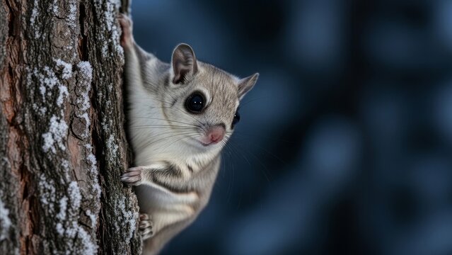 Animal - Flying Squirrel Clinging to Snow Dusted Tree Bark in Cold Winter Forest at Night