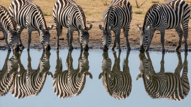Animal - Four Zebras Drinking Water at African Watering Hole with Perfect Mirror Reflection on Calm Surface