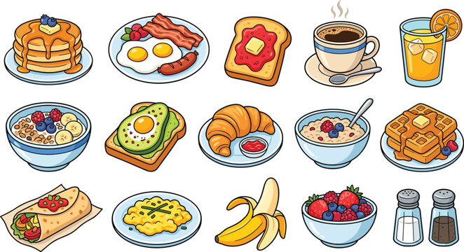 Breakfast food vector illustration set with pancakes eggs bacon toast coffee waffles fruits and healthy morning meal elements isolated on white background