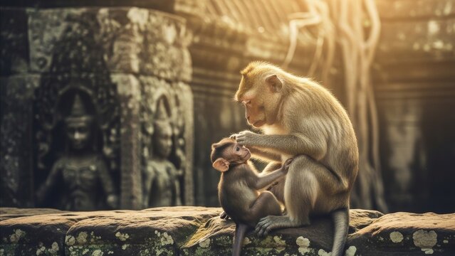 Animal - Mother Macaque Monkey Grooming Baby Infant at Ancient Khmer Temple Ruins in Southeast Asia
