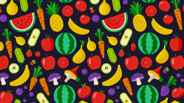 Vibrant colorful pattern of assorted fruits and vegetables on dark background