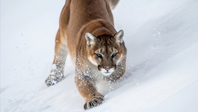 Animal - Mountain Lion Charging Through Deep Snow in Winter Wilderness With Intense Forward Gaze