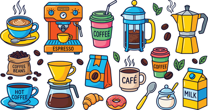 Coffee themed vector set with espresso machine french press cups beans moka pot takeaway drinks and breakfast elements colorful flat illustration collection
