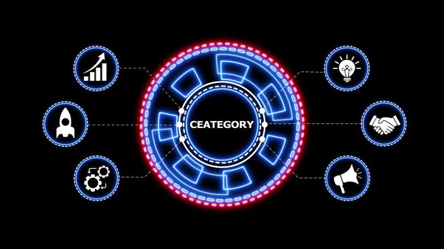 Business category infographic hud digital interface. Animated business category infographic with glowing neon circular interface dynamic HUD elements and startup icons design.