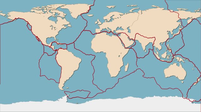 World tectonic plates map showing continents and plate boundaries with arrows indicating movement dynamic motion graphic.