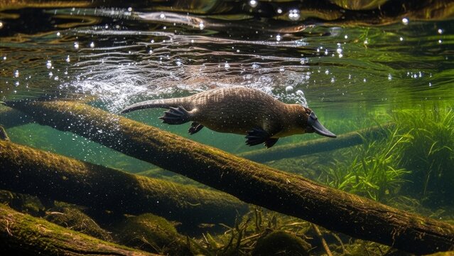 Animal - Platypus Swimming Underwater in Clear Freshwater River With Mossy Logs and Aquatic Vegetation