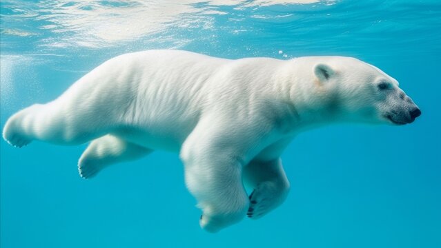 Animal - Polar Bear Swimming Underwater in Clear Blue Arctic Ocean Captured from Below Surface View