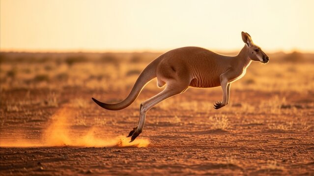 Animal - Red Kangaroo Leaping Across Dry Australian Outback Desert at Golden Sunset Hour
