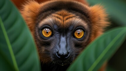 Fototapeta premium Animal - Red Ruffed Lemur Face Close Up With Vivid Golden Eyes Peering Through Tropical Green Leaves